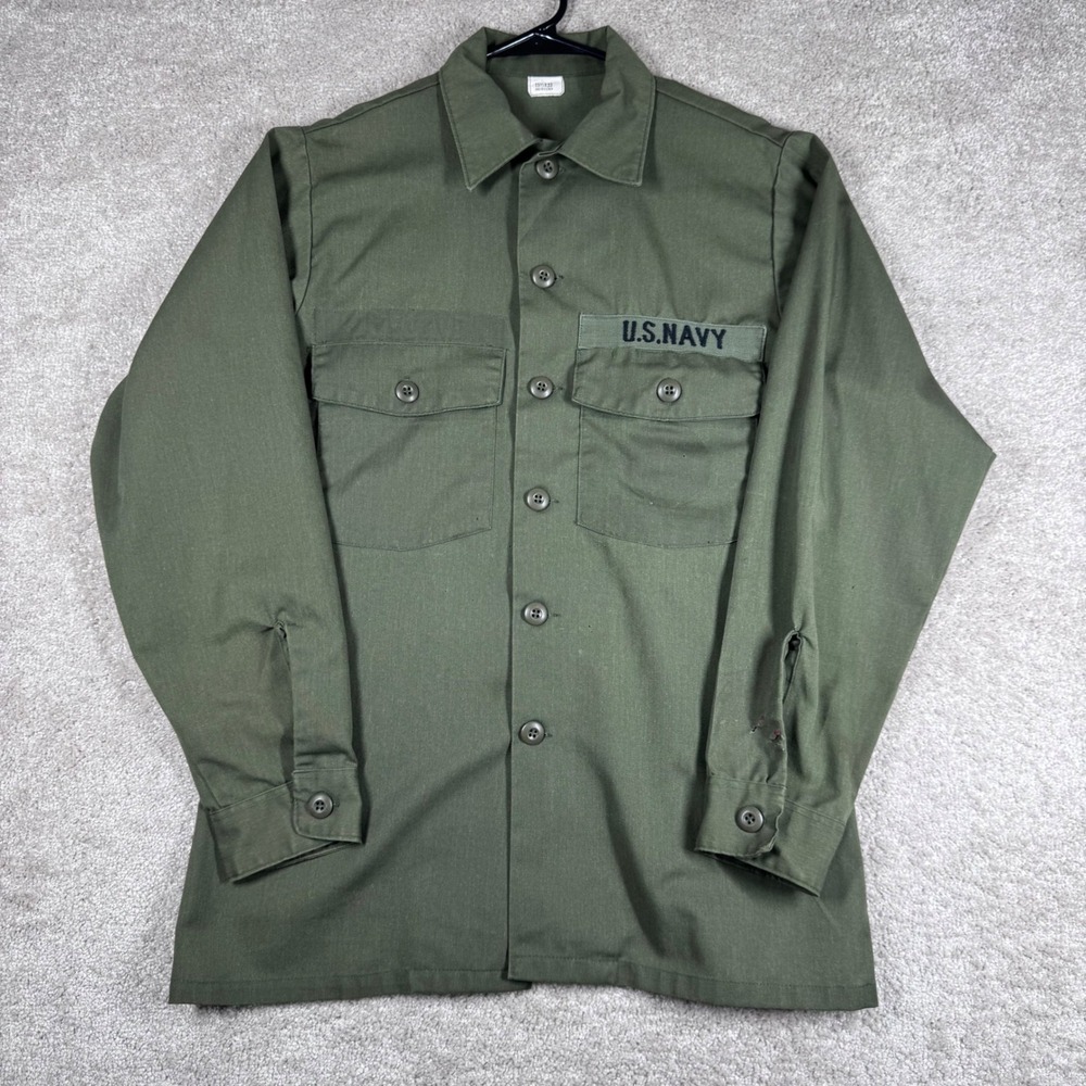 Vintage US Navy OG-507 Utility‎ Shirt Olive Green Dura Press 15.5x33 Military